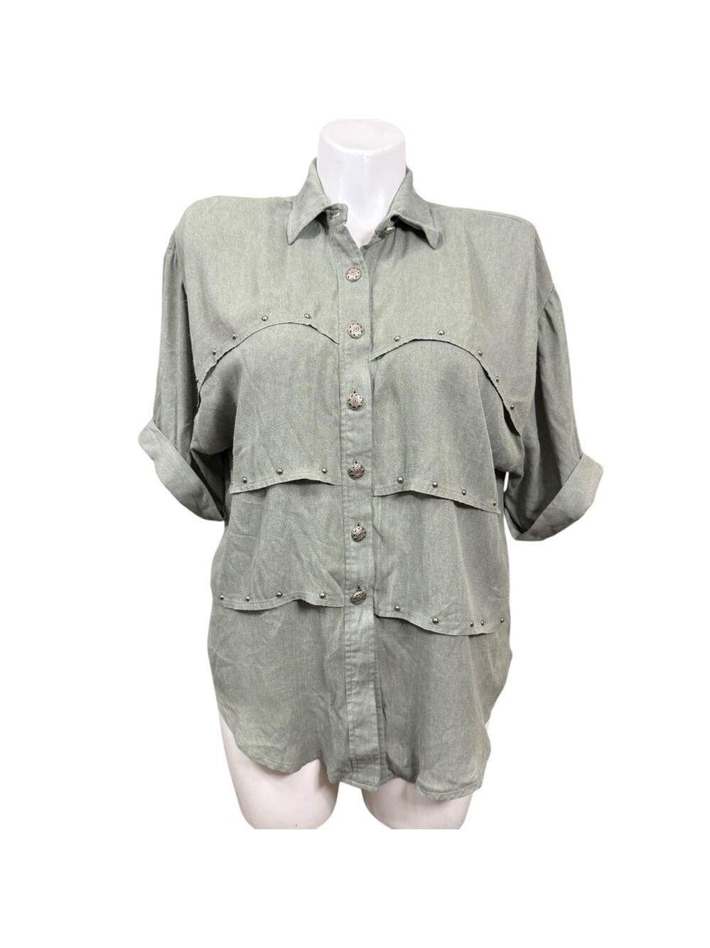 Vintage 90s Lauren Michaels Sage Green Studded Button Up Shirt 16W